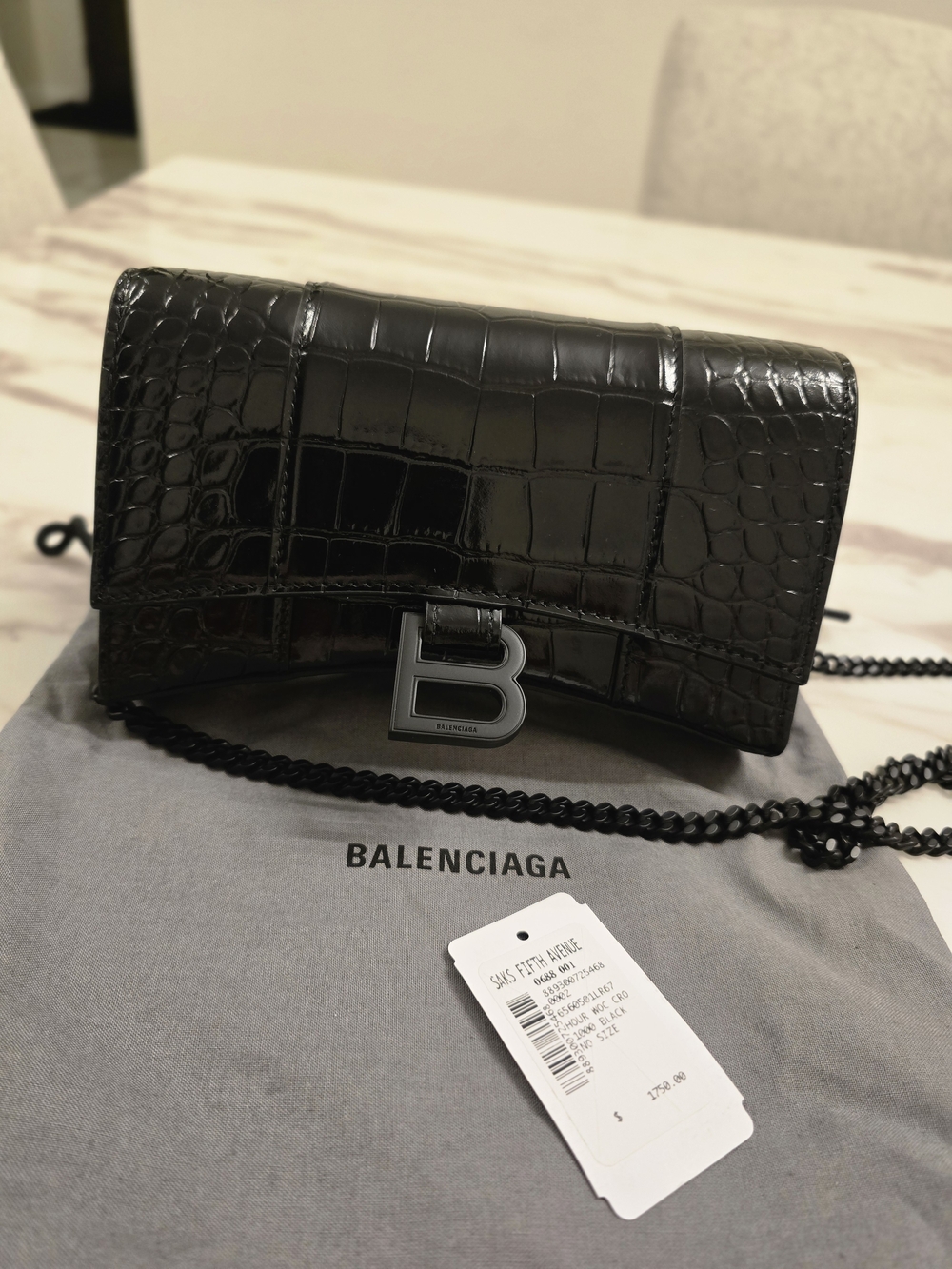 Balenciaga Black Croc-Embossed B Chain Crossbody Bag